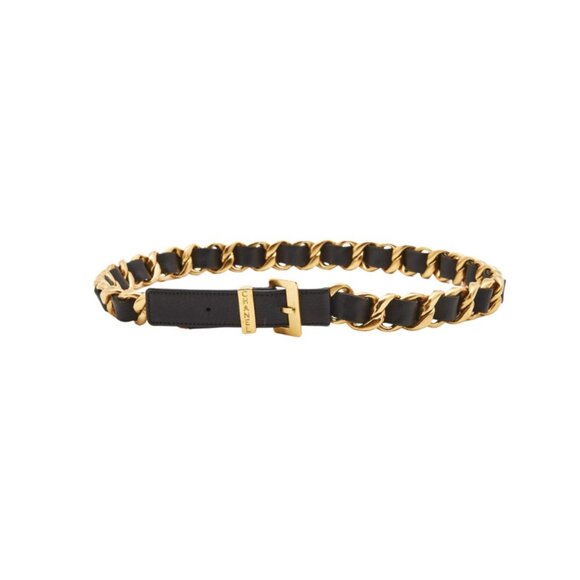 CHANEL‎ Vintage Black Leather Buckle Gold Chain Link Belt, 1990s